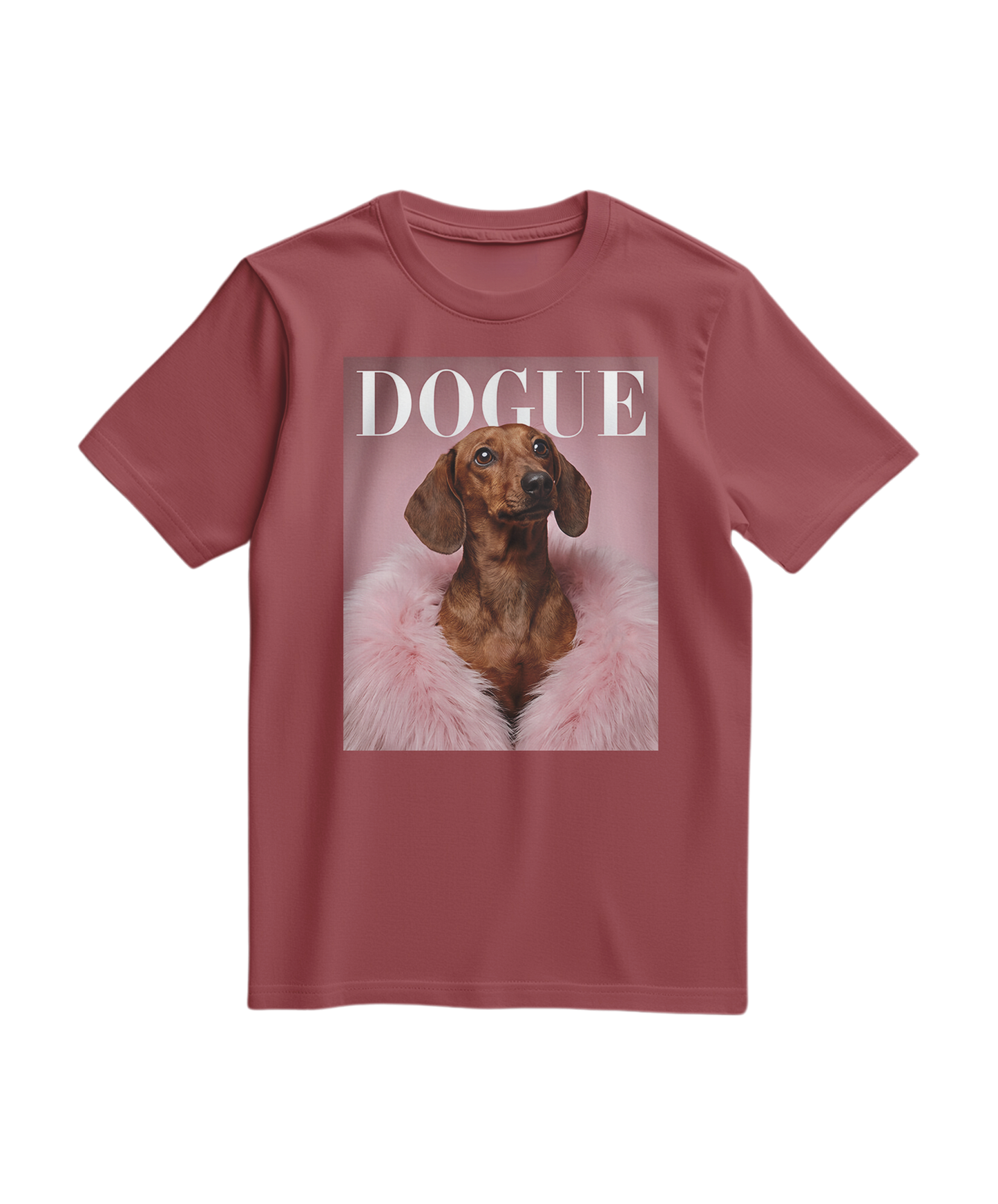 Camiseta Dachshund Muse da Camalestore, com estampa de cachorro teckel, cor terracota, vista frontal em fundo branco