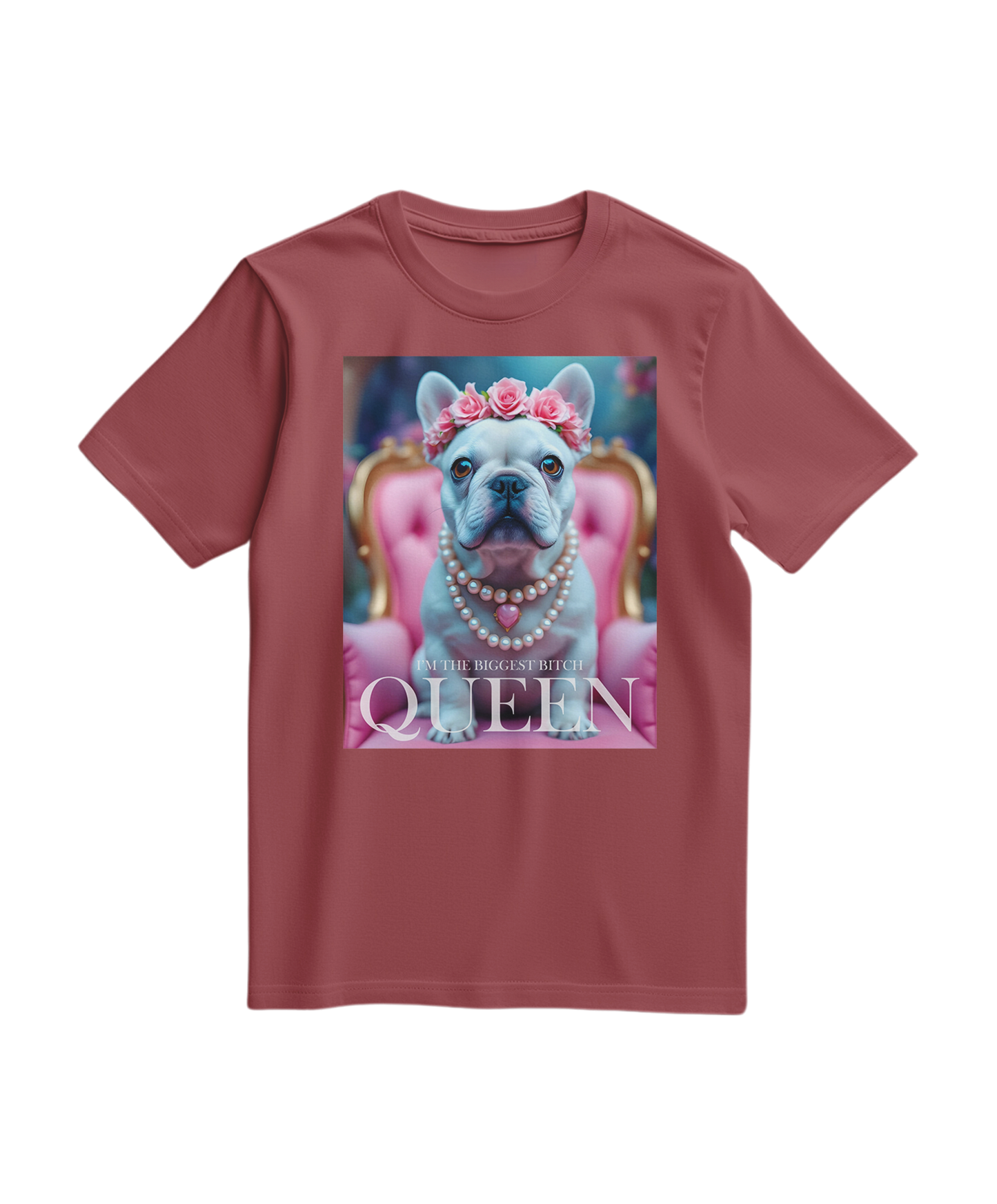 Camalestore T-shirt Frenchie Queen em cor terracota, camiseta casual com estampa de cachorro Frenchie para mulher.