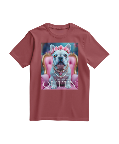 Camalestore T-shirt Frenchie Queen em cor terracota, camiseta casual com estampa de cachorro Frenchie para mulher.