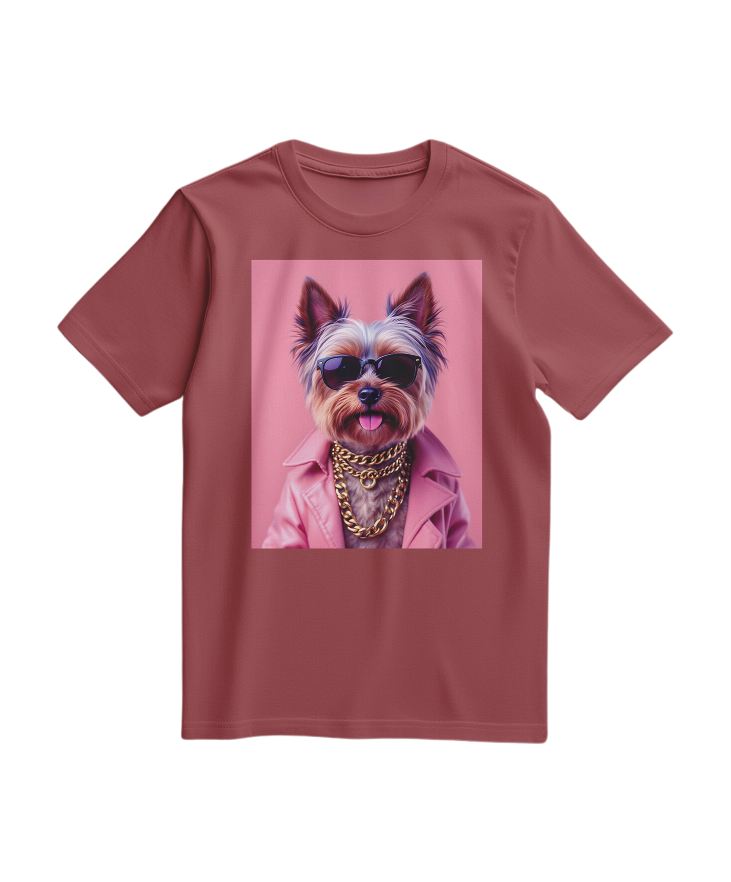 Camiseta terracota Camalestore com estampa de ícone de rua e desenho de yorkshire, estilo casual e confortável.
