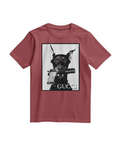 Camiseta Dog Amunition da Camalestore, T-shirt de cor terracota com estampa de cachorro, roupa casual para cães e humanos