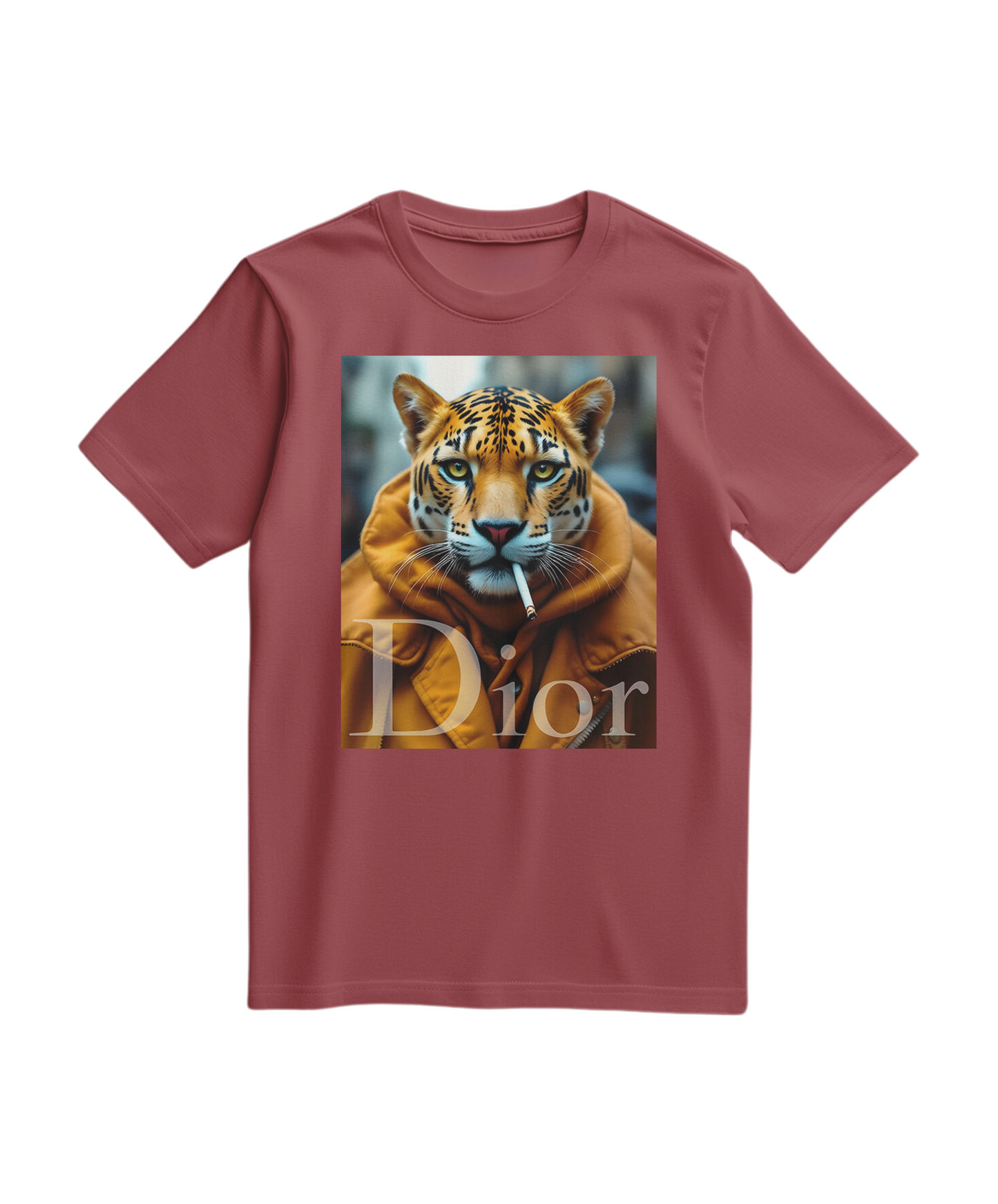 Camalestore T-shirt Jaguar Raw em tom terracota, com estampa de onça, tecido confortável e estilo casual para o dia a dia.