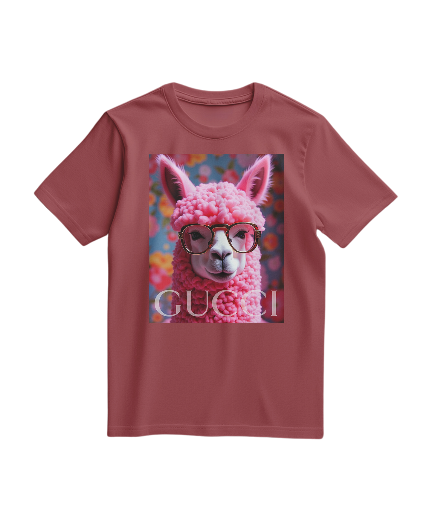 T-shirt terracota da Camalestore com padrão de ícones de alpaca, tecido confortável e design casual para uso diário.