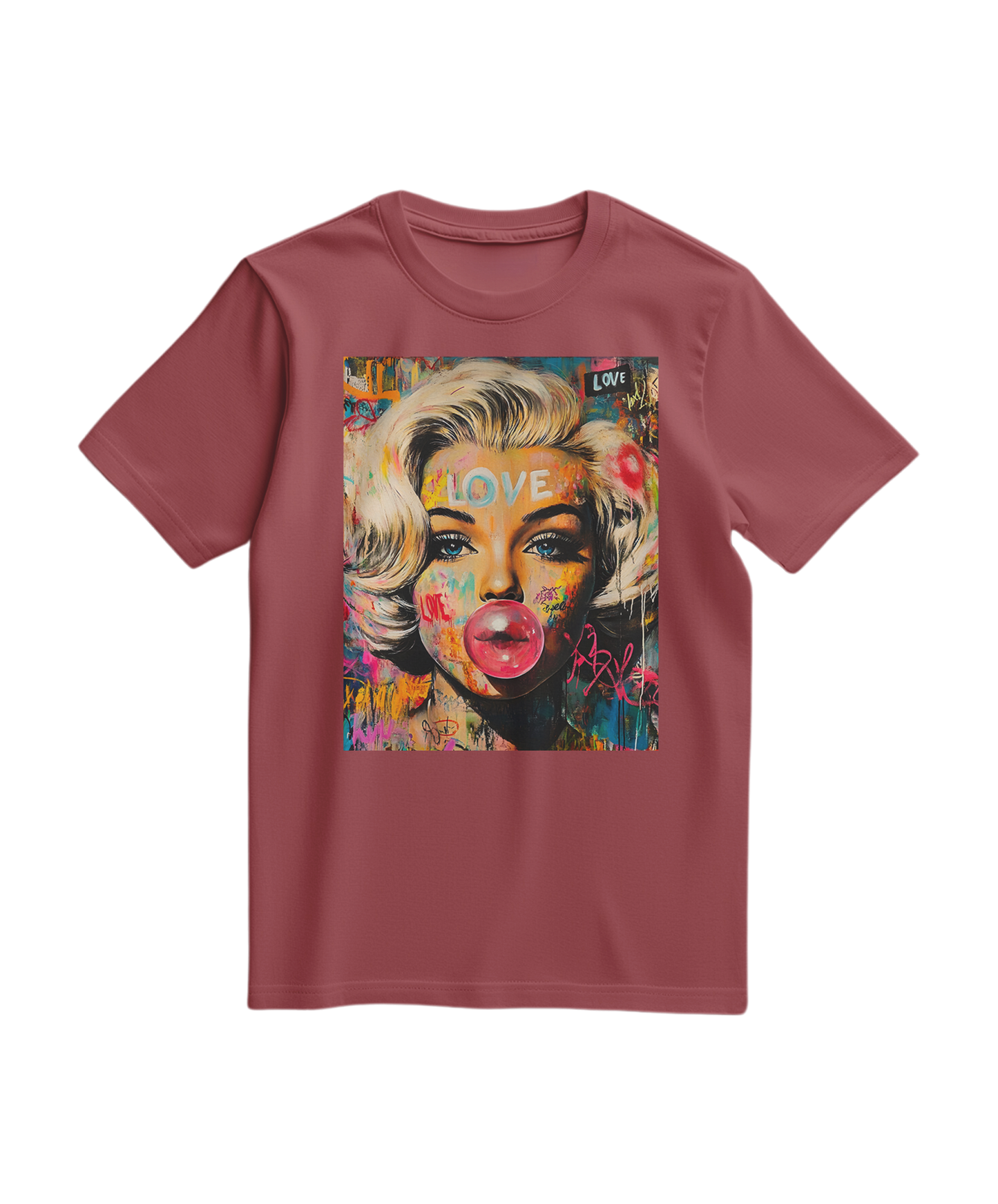 Camiseta Marilyn Pop Rebel da Camalestore em tom teracota, com design de rosto de Marilyn Monroe estampado na frente.
