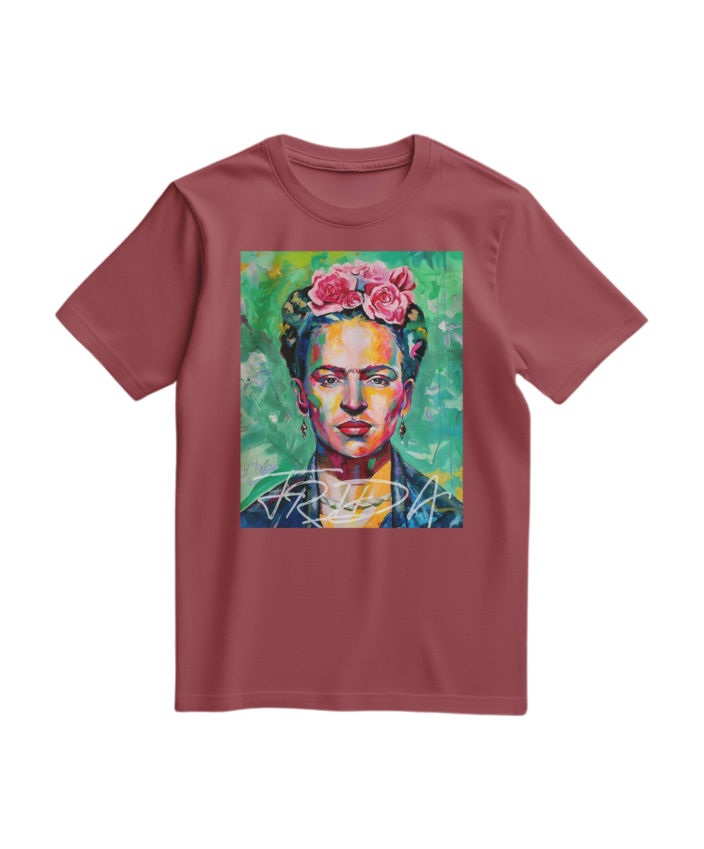 Camiseta Kahlo Chromatic da Camalestore em tom terracota, com estampa artística de Frida Kahlo, vista frontal.