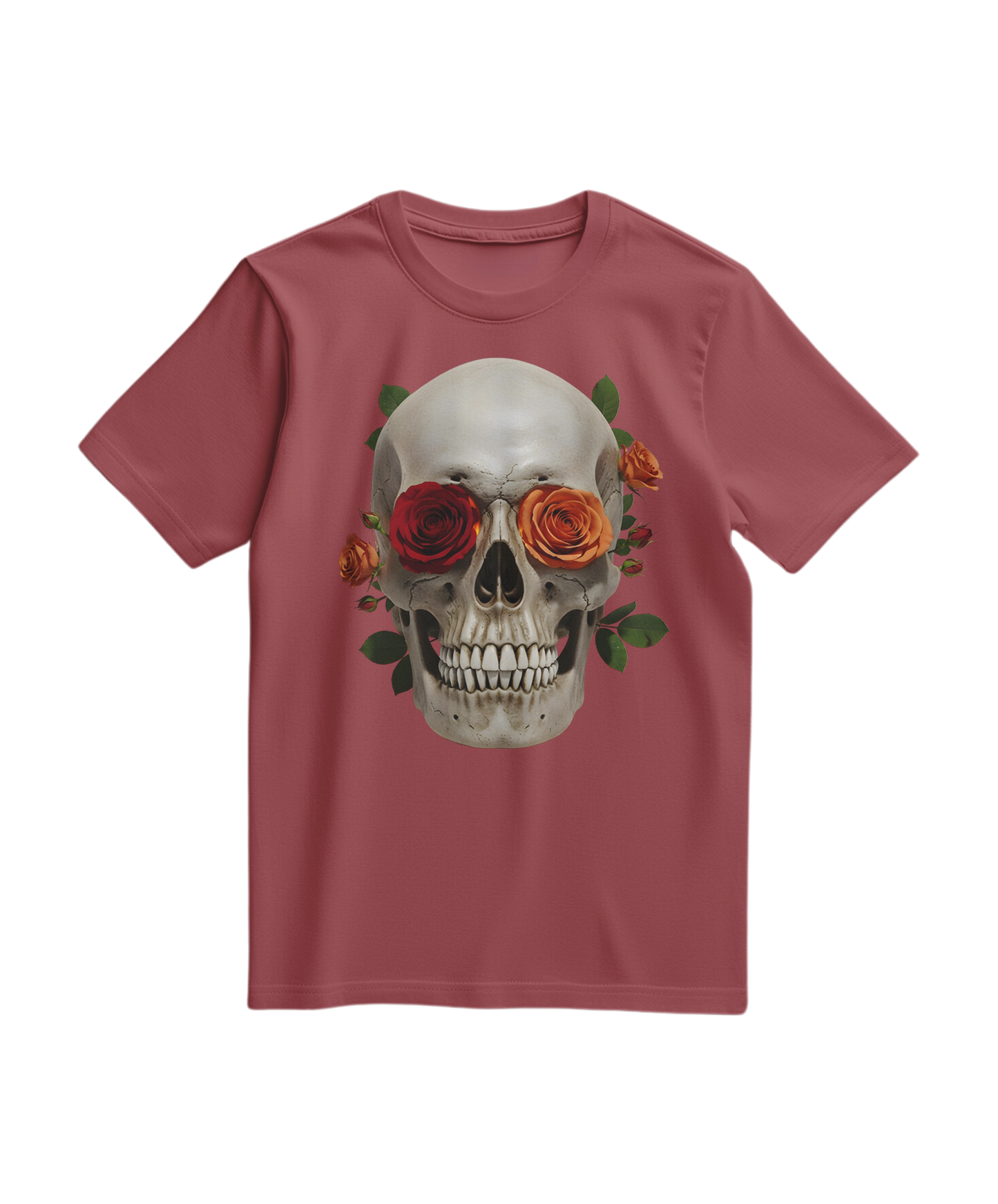 Camalestore camiseta skull com rosa em tom terracota, estampa detalhada, tecido confortável, estilo casual e moderno.