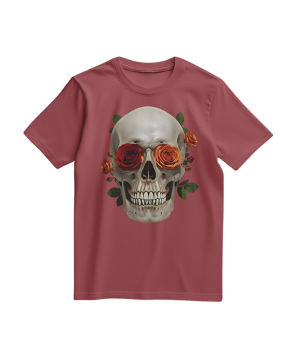 Camalestore camiseta skull com rosa em tom terracota, estampa detalhada, tecido confortável, estilo casual e moderno.