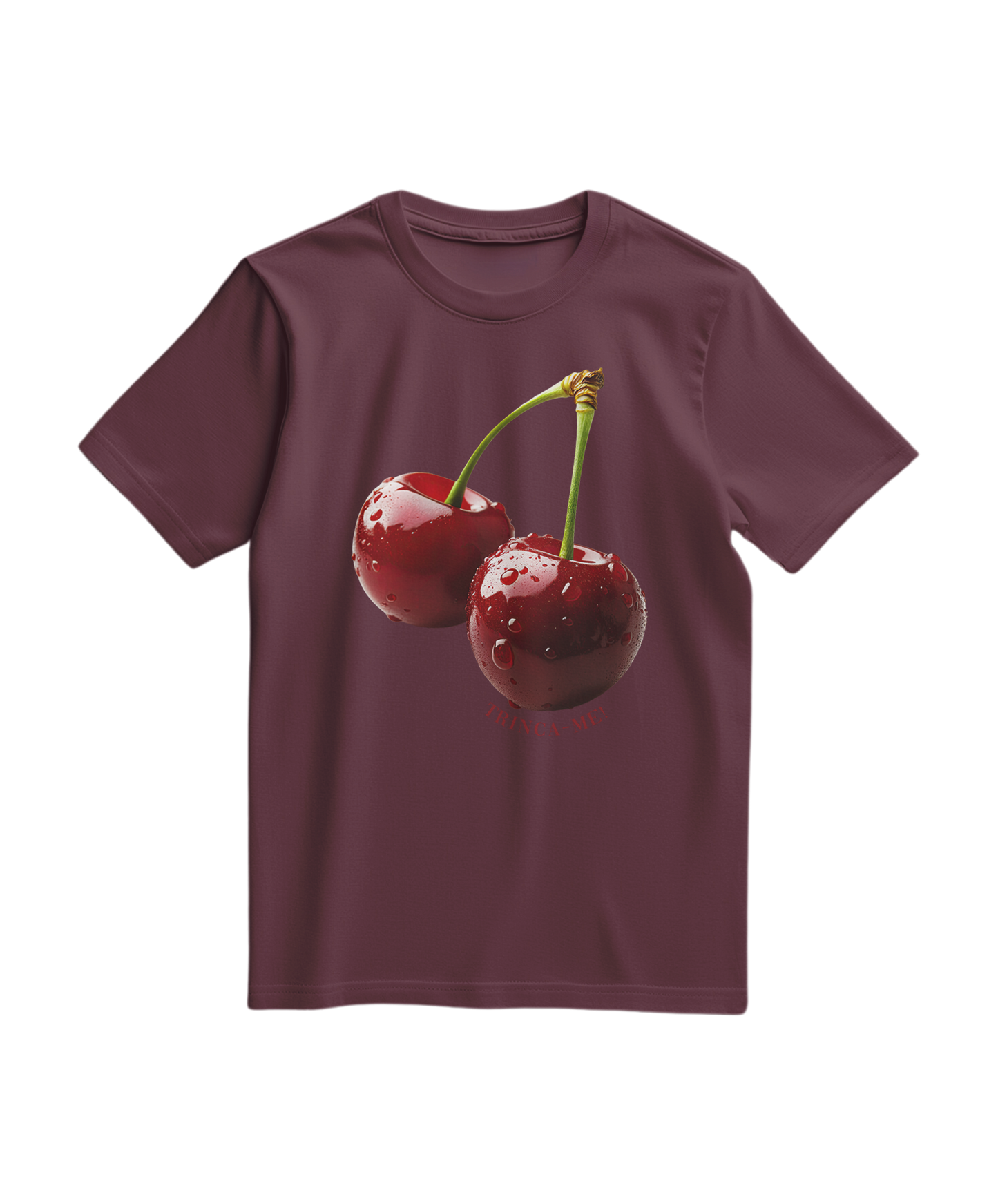 Camiseta Cherry Bite Me da Camalestore, camiseta de algodão com estampa de cereja mordida em tom vinho, vista frontal.