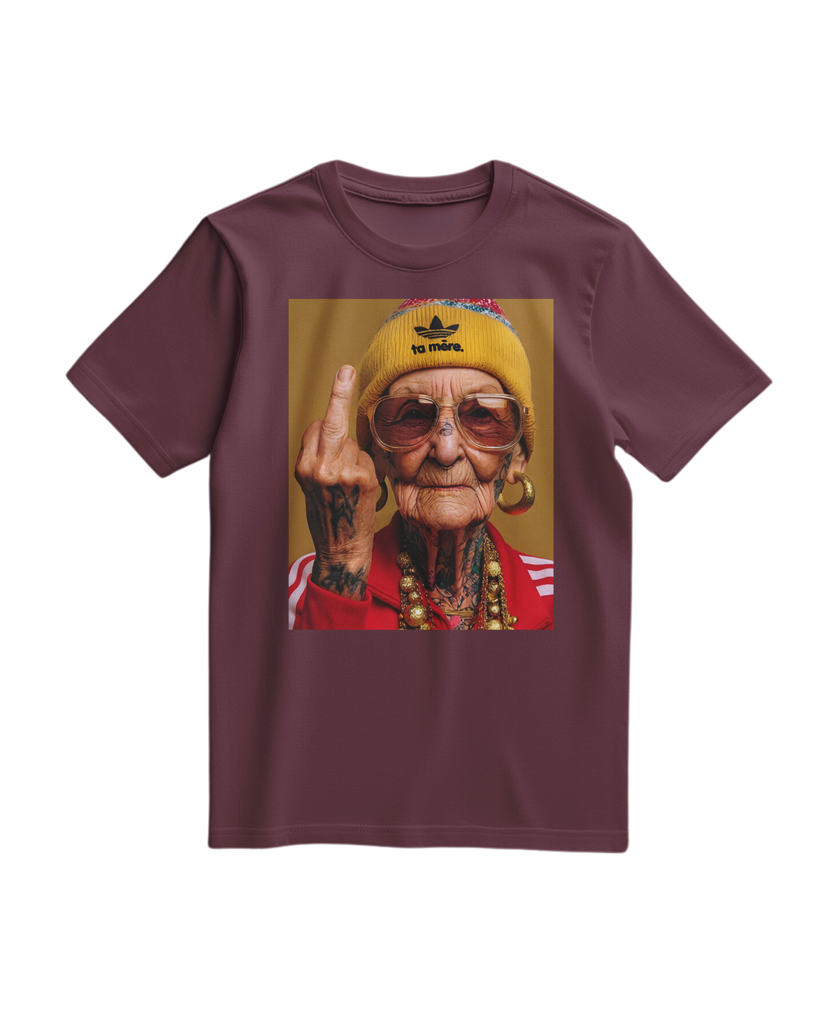 Camiseta Ta Mère da Camalestore, T-shirt de manga curta em tecido confortável, na cor vinho, com estampa na frente.
