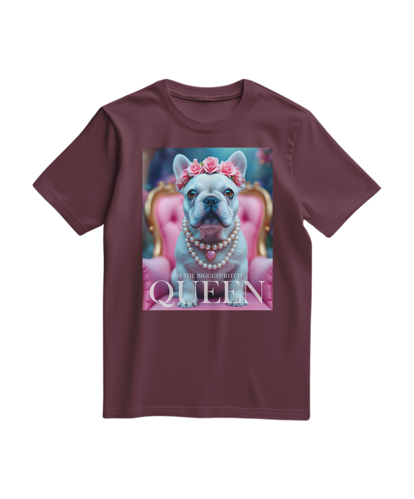 Camiseta Frenchie Queen da Camalestore, t-shirt de algodão com estampa de francês e cor vinho, vista frontal.