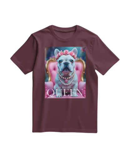 Camiseta Frenchie Queen da Camalestore, t-shirt de algodão com estampa de francês e cor vinho, vista frontal.