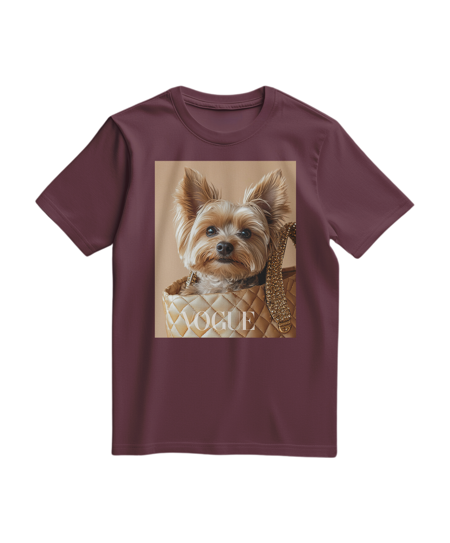 Camiseta Yorkie Muse da Camalestore, t-shirt vinho com estampa de cão Yorkie, modelo casual para homens e mulheres.