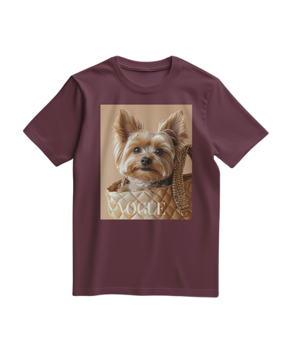 Camiseta Yorkie Muse da Camalestore, t-shirt vinho com estampa de cão Yorkie, modelo casual para homens e mulheres.