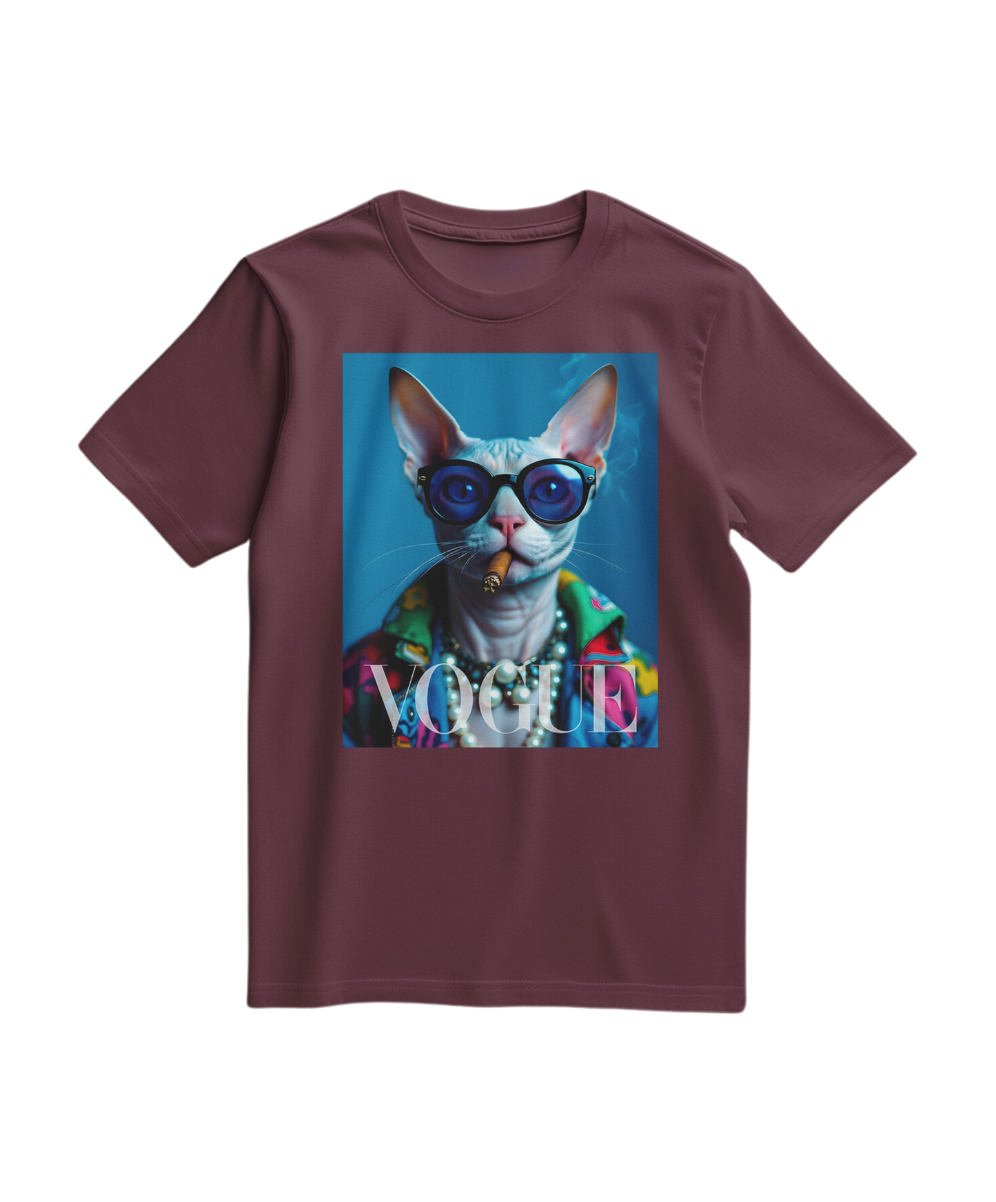 Camiseta Neo-Sphynx Studio da Camalestore, t-shirt vinho com estampa de gato sem pelo, vista frontal sobre fundo branco.