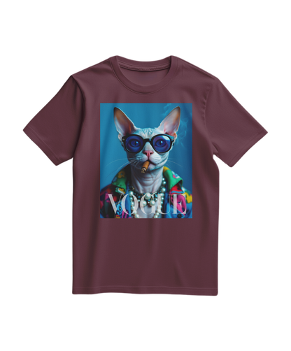 Camiseta Neo-Sphynx Studio da Camalestore, t-shirt vinho com estampa de gato sem pelo, vista frontal sobre fundo branco.