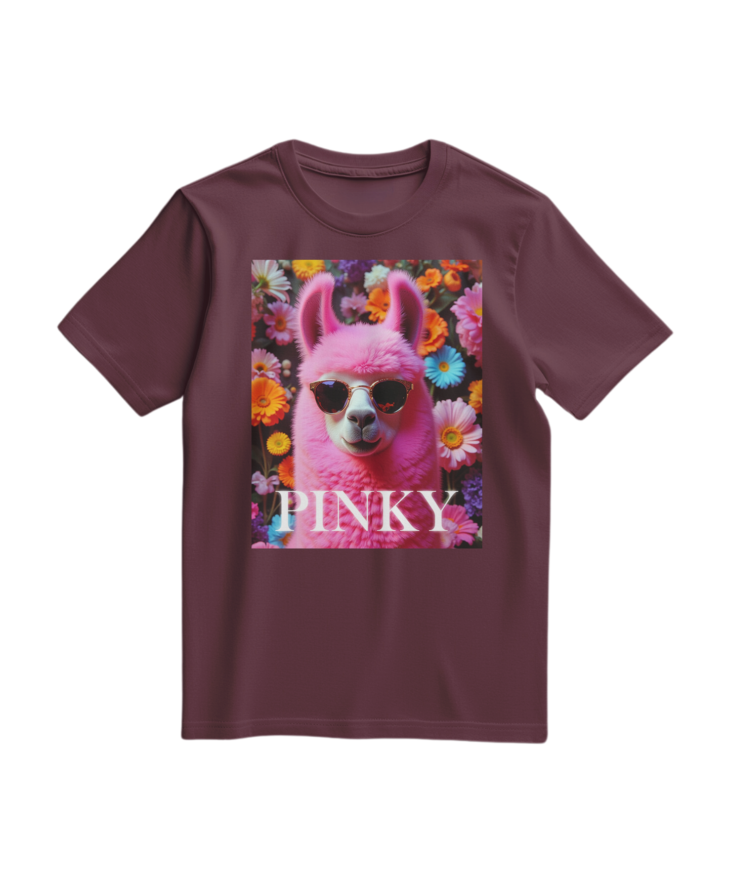 Camiseta pink Llama Studio da Camalestore, t-shirt de cor rosa com estampa de lhama, vista frontal sobre fundo branco