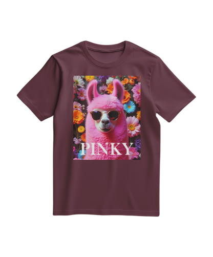 Camiseta pink Llama Studio da Camalestore, t-shirt de cor rosa com estampa de lhama, vista frontal sobre fundo branco