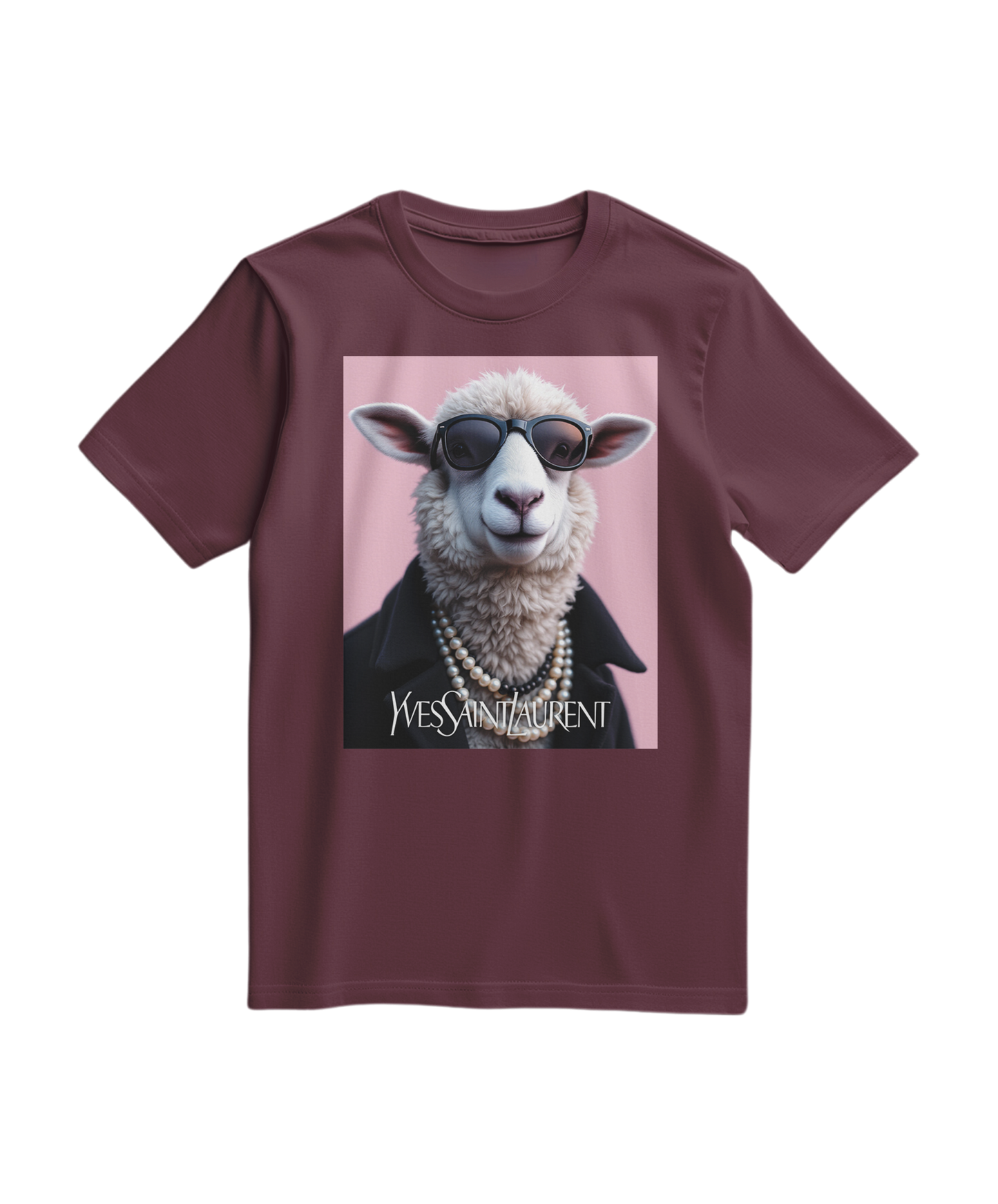 Camalestore camiseta T-shirt vinho com ícone de ovelha e pérola, estampa moderna e casual para looks descontraídos.