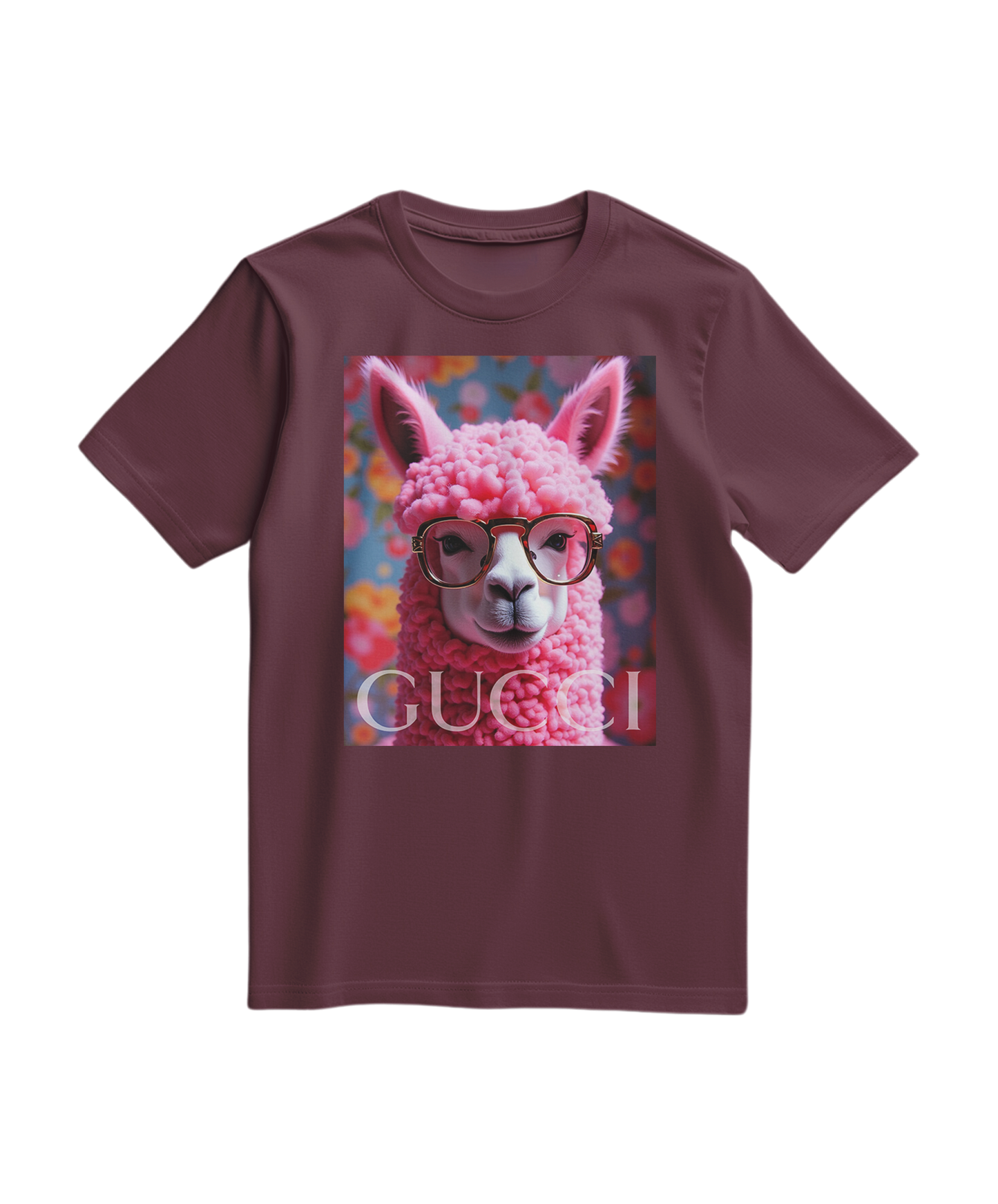 T-shirt Camalestore Alpaca Icon de cor vinho, com design de ícone de alpaca na frente, tecido confortável e estilo casual.