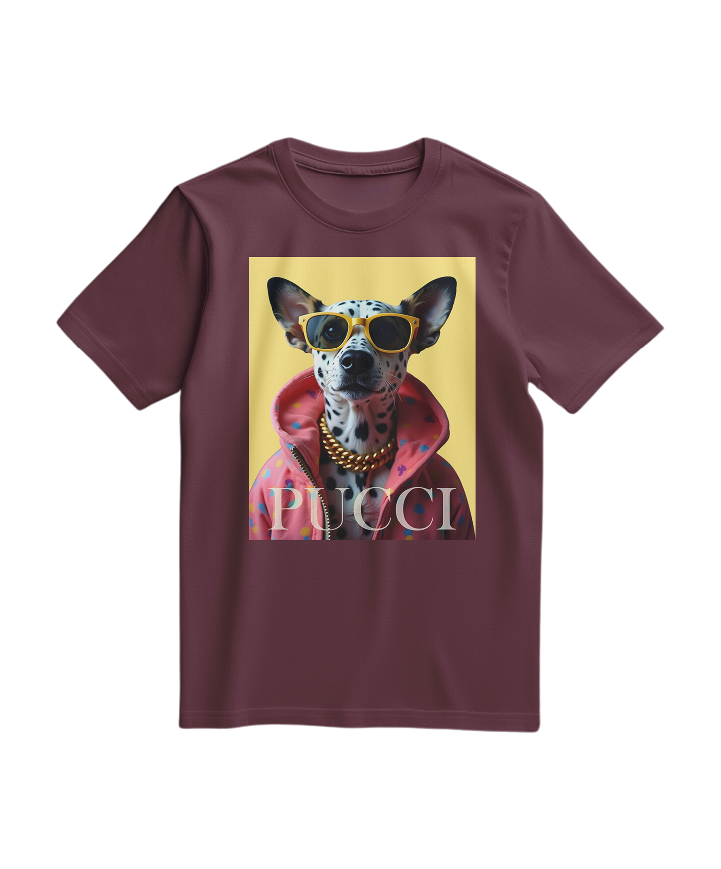 T-shirt Camalestore com padrão de dálmatas hipsters em tons vinho, tecido confortável e estilo casual para homens e mulheres.