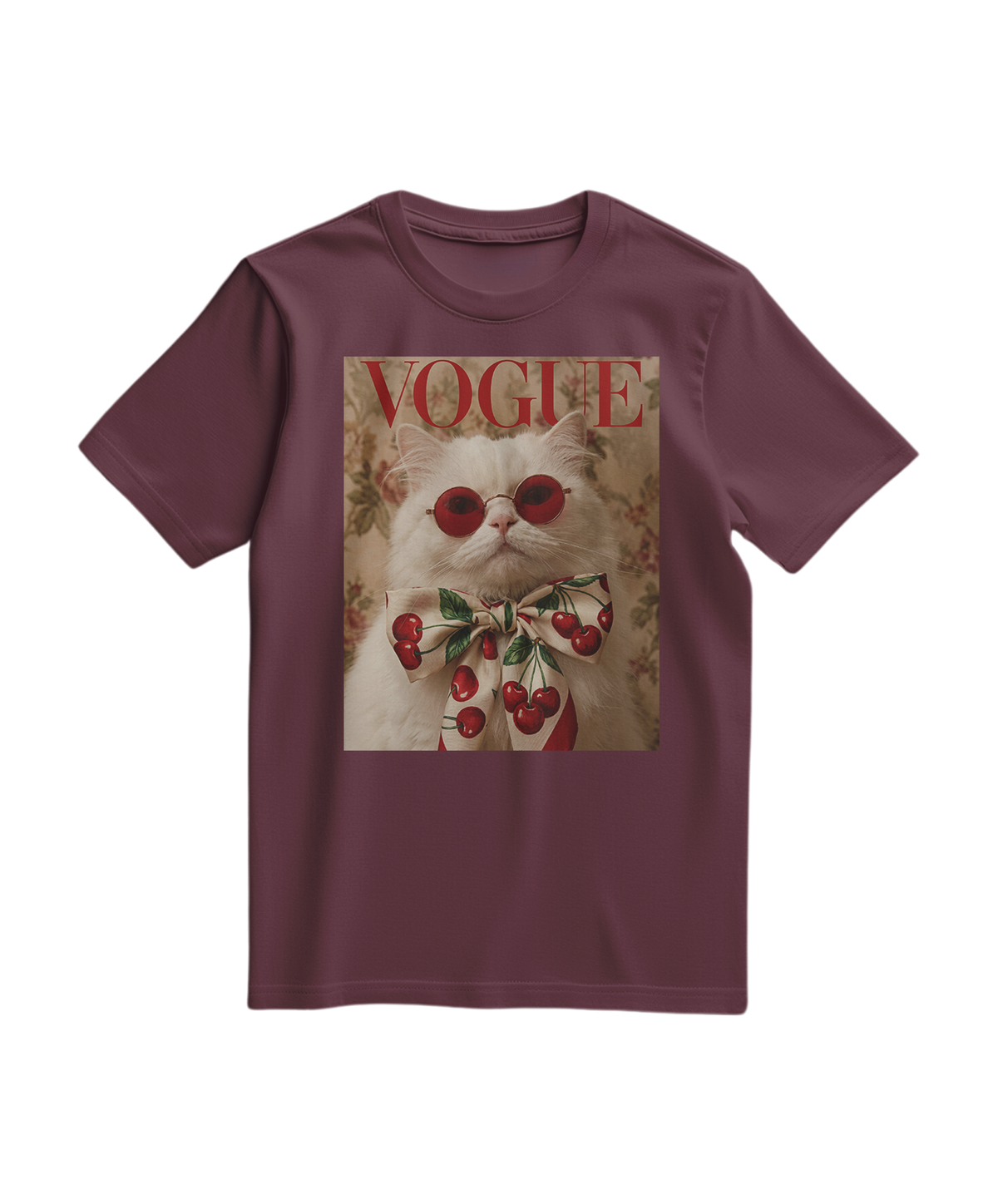 Camiseta Velvet Cherry da Camalestore, T-shirt vinho com estampa de cereja, tecido macio e confortável, vista frontal.