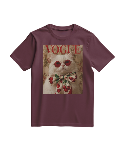 Camiseta Velvet Cherry da Camalestore, T-shirt vinho com estampa de cereja, tecido macio e confortável, vista frontal.