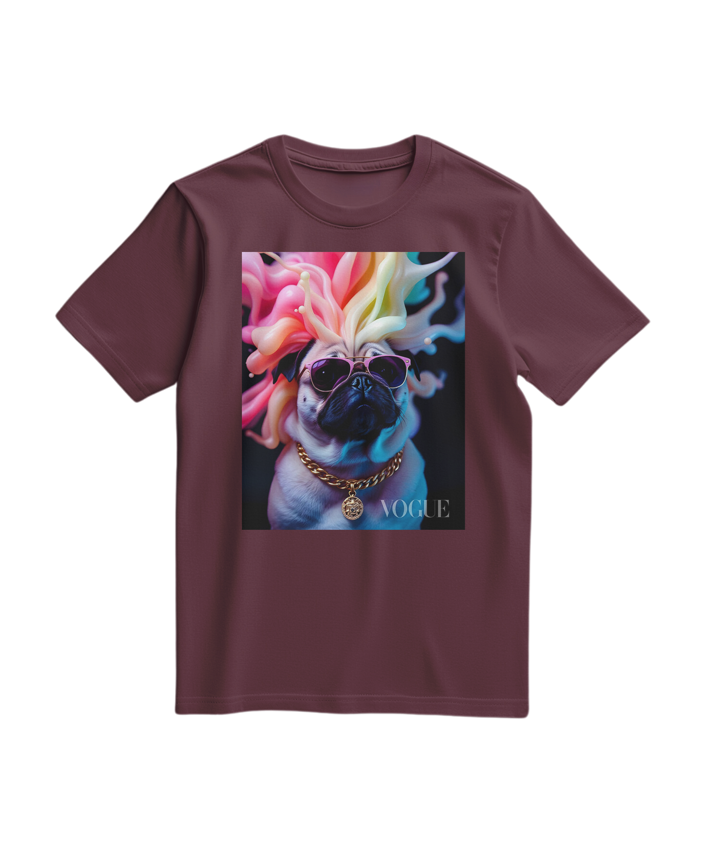 Camiseta Pug Chromatic Elite da Camalestore, t-shirt de cor vinho com estampa de buldogue na frente, design moderno e casual