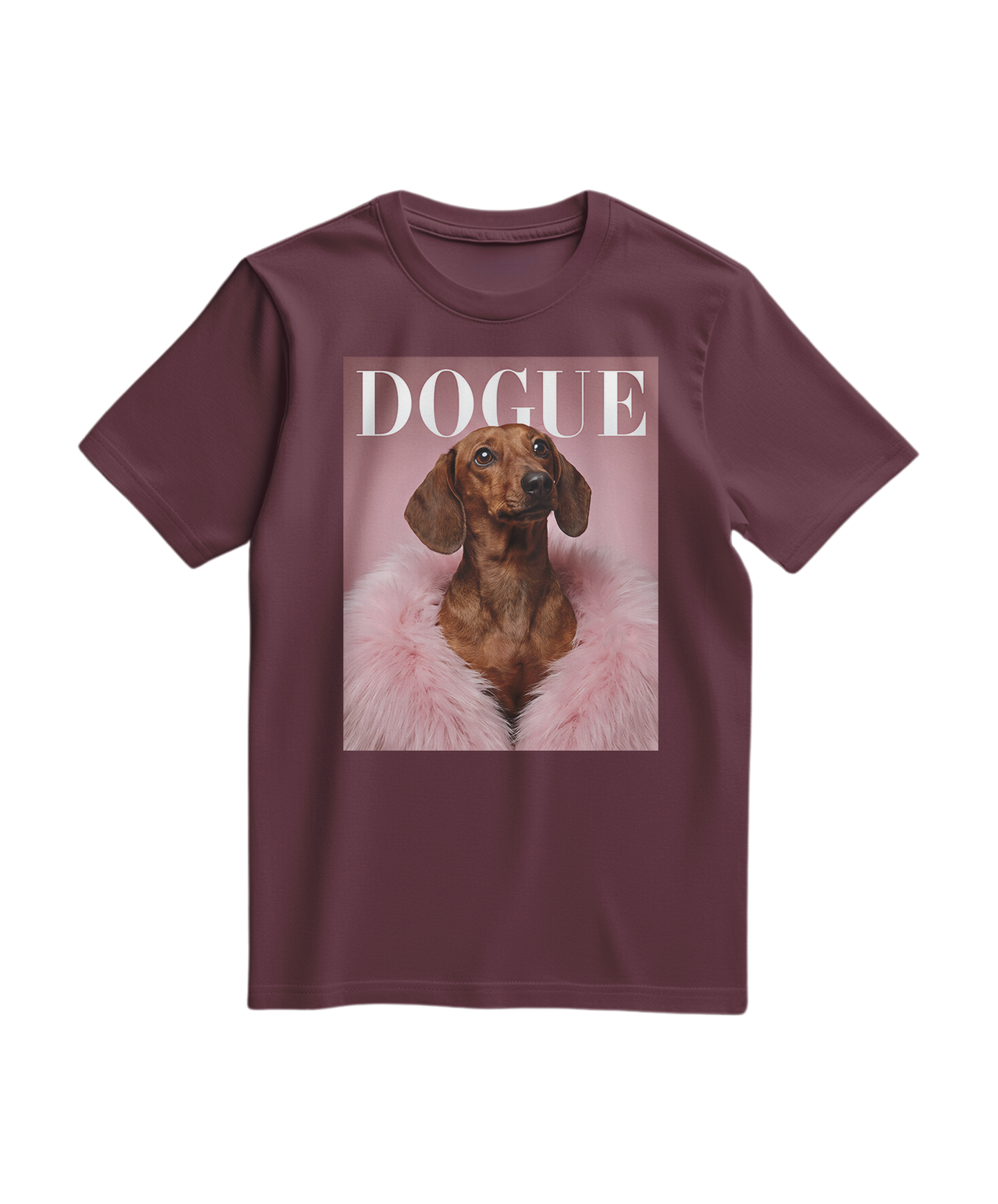 Camiseta Dachshund Muse da Camalestore, camiseta de algodão vinho com estampa de cachorro Dachshund, vista frontal.