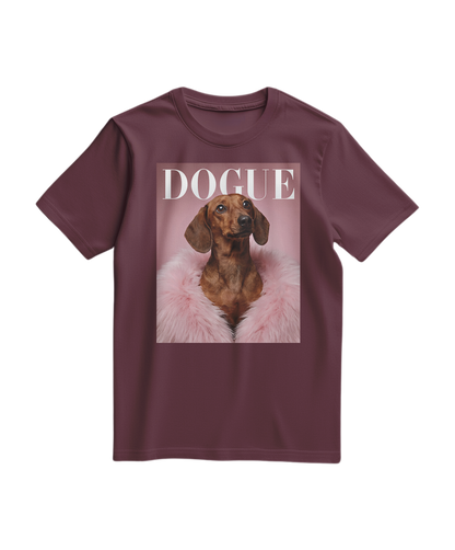Camiseta Dachshund Muse da Camalestore, camiseta de algodão vinho com estampa de cachorro Dachshund, vista frontal.