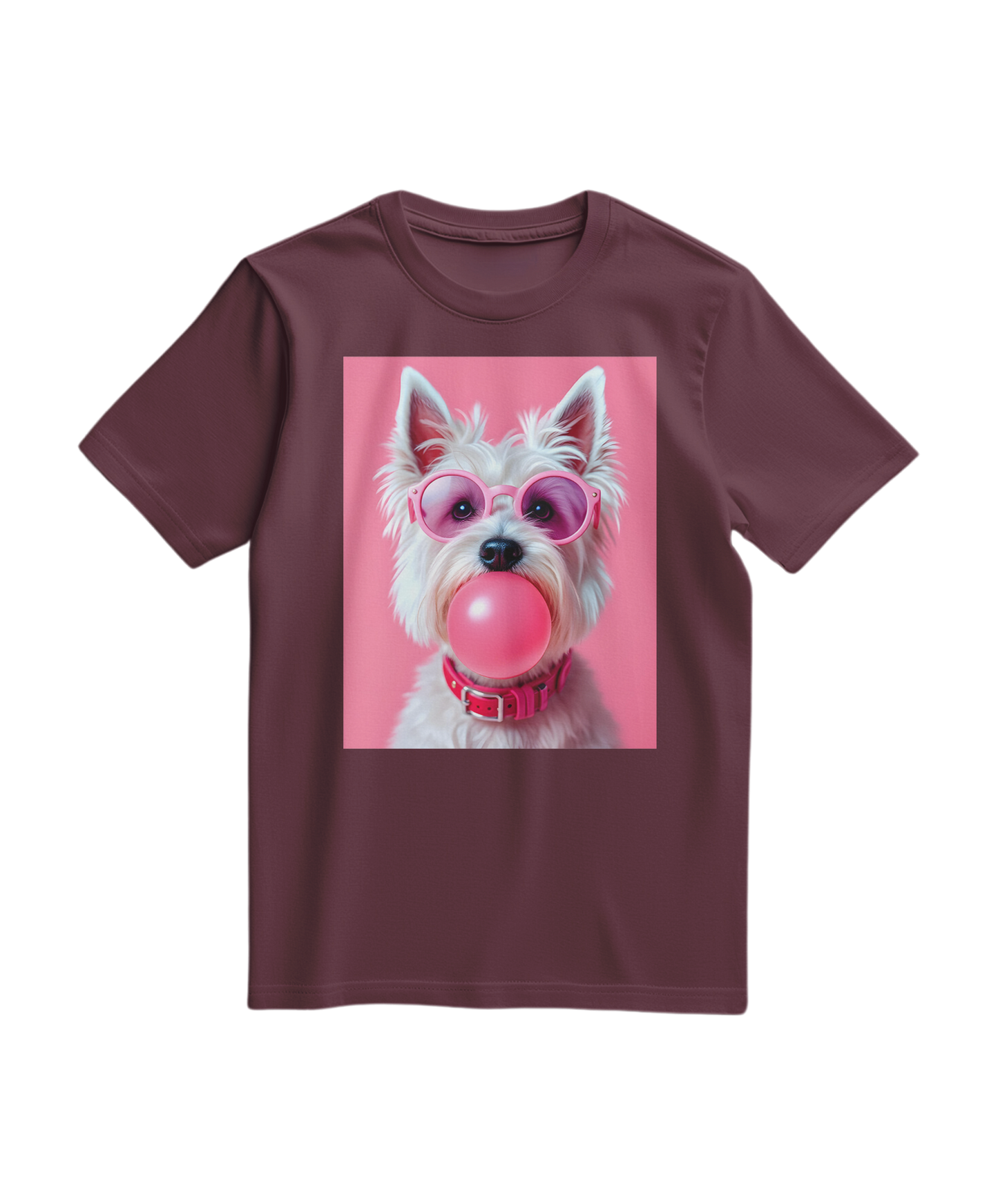 Camiseta Bubble Terrier da Camalestore, T-shirt vinho com estampa de cachorro terrier em destaque.