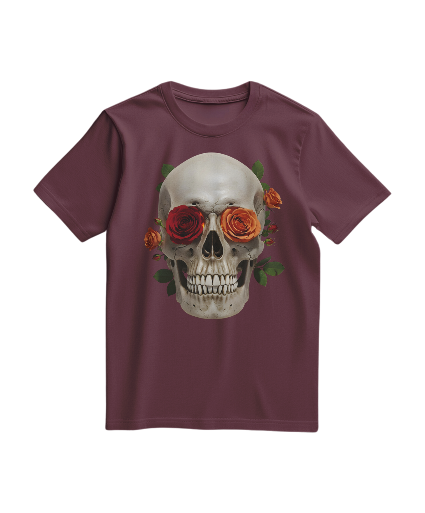 Camalestore camiseta com estampa de caveira e rosa, estilo casual, em tecido de cor vinho, detalhes gráficos no visual frontal.