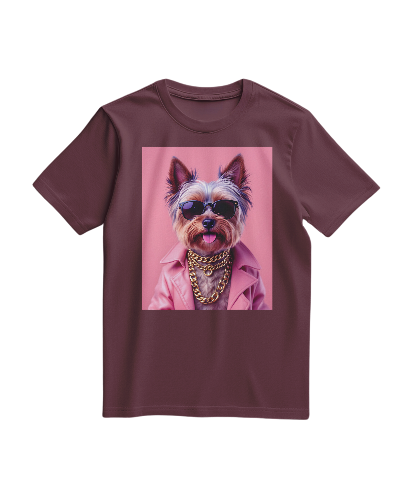 Camiseta Camalestore Yorkie Street Icon, T-shirt vinho com estampa de cachorro Yorkie e design urbano.