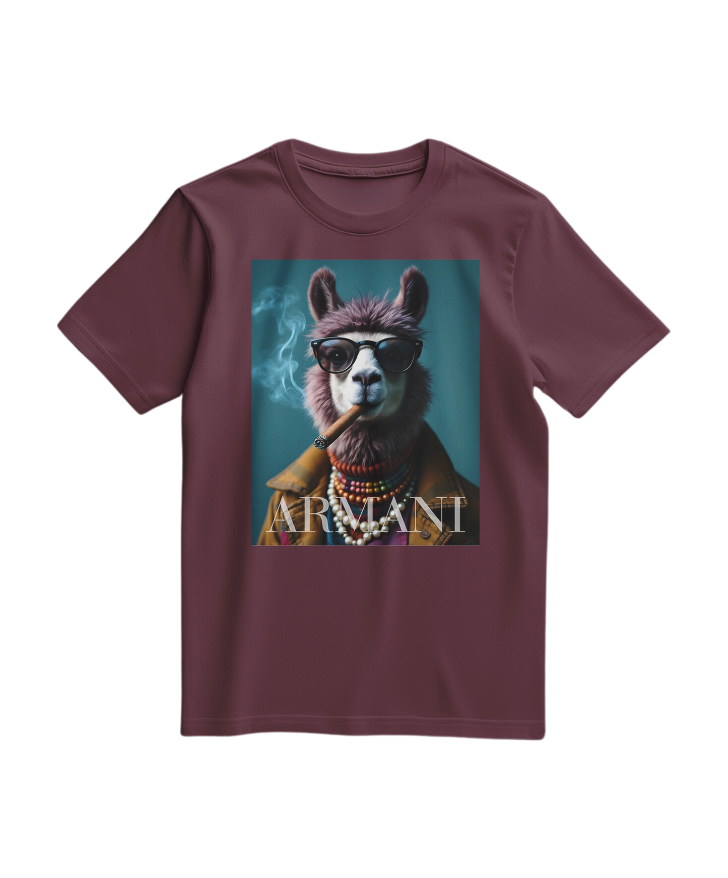 T-shirt Dapper Llama da Camalestore em vinho, com estampa de lêmure elegante, tecido confortável e estilo casual.
