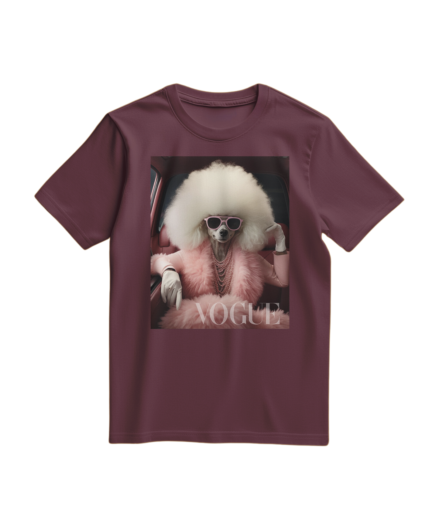 Camalestore T-shirt Poodle Glam vinho com estampa de poodle estilizado, manga curta e gola arredondada.