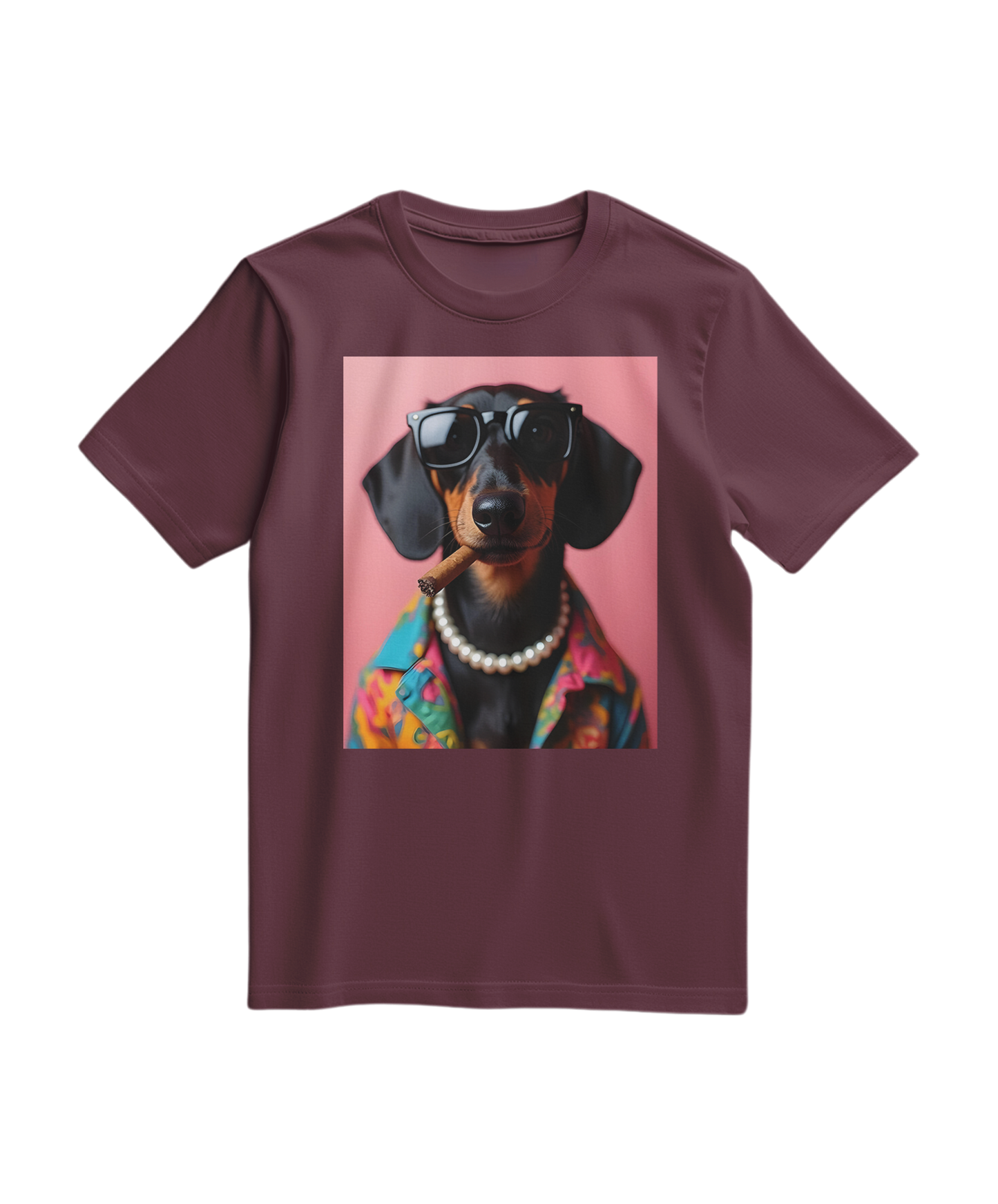 Camiseta Smoking Dachshund da Camalestore, camiseta de algodão com estampa de cão salsicha fumando, em fundo vinho.
