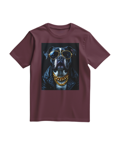 Camiseta Golden Rocker da Camalestore, t-shirt de corte confortável com design gráfico na frente, cor vinho.