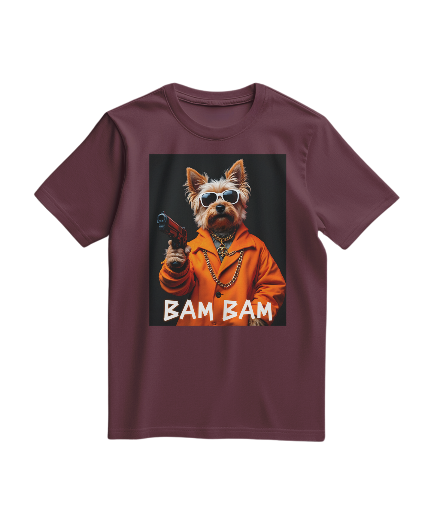 Camiseta Bam Bam Gangster da Camalestore, de cor vinho, com estampa gráfica na frente, modelo casual e confortável.
