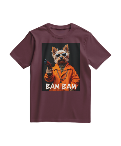 Camiseta Bam Bam Gangster da Camalestore, de cor vinho, com estampa gráfica na frente, modelo casual e confortável.