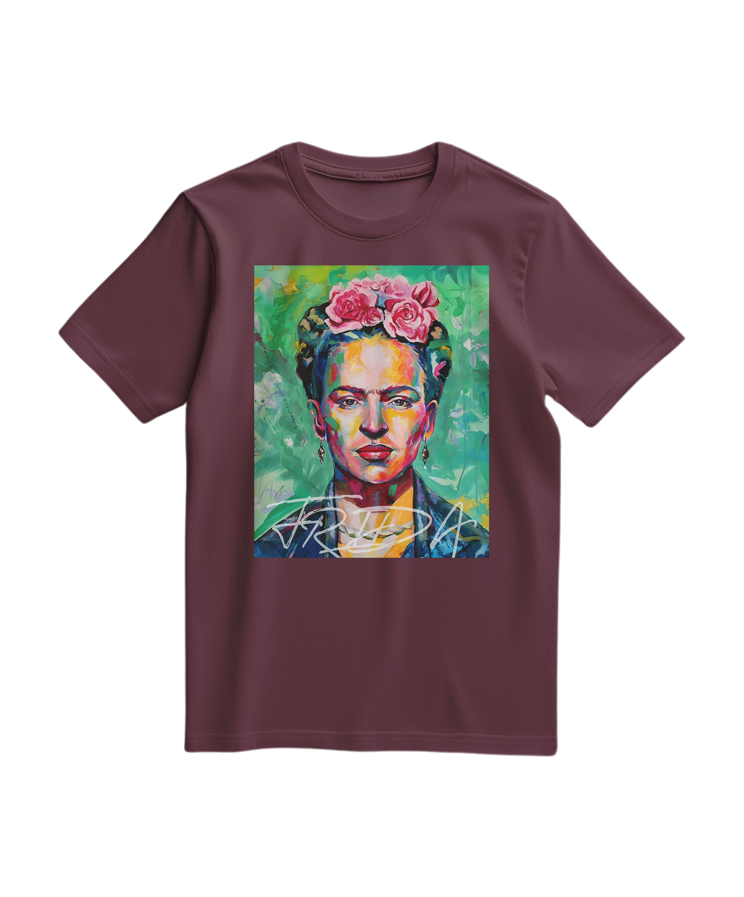 Camiseta Kahlo Chromatic da Camalestore, T-shirt vinho com estampa artística de Frida Kahlo, vista frontal em fundo branco.