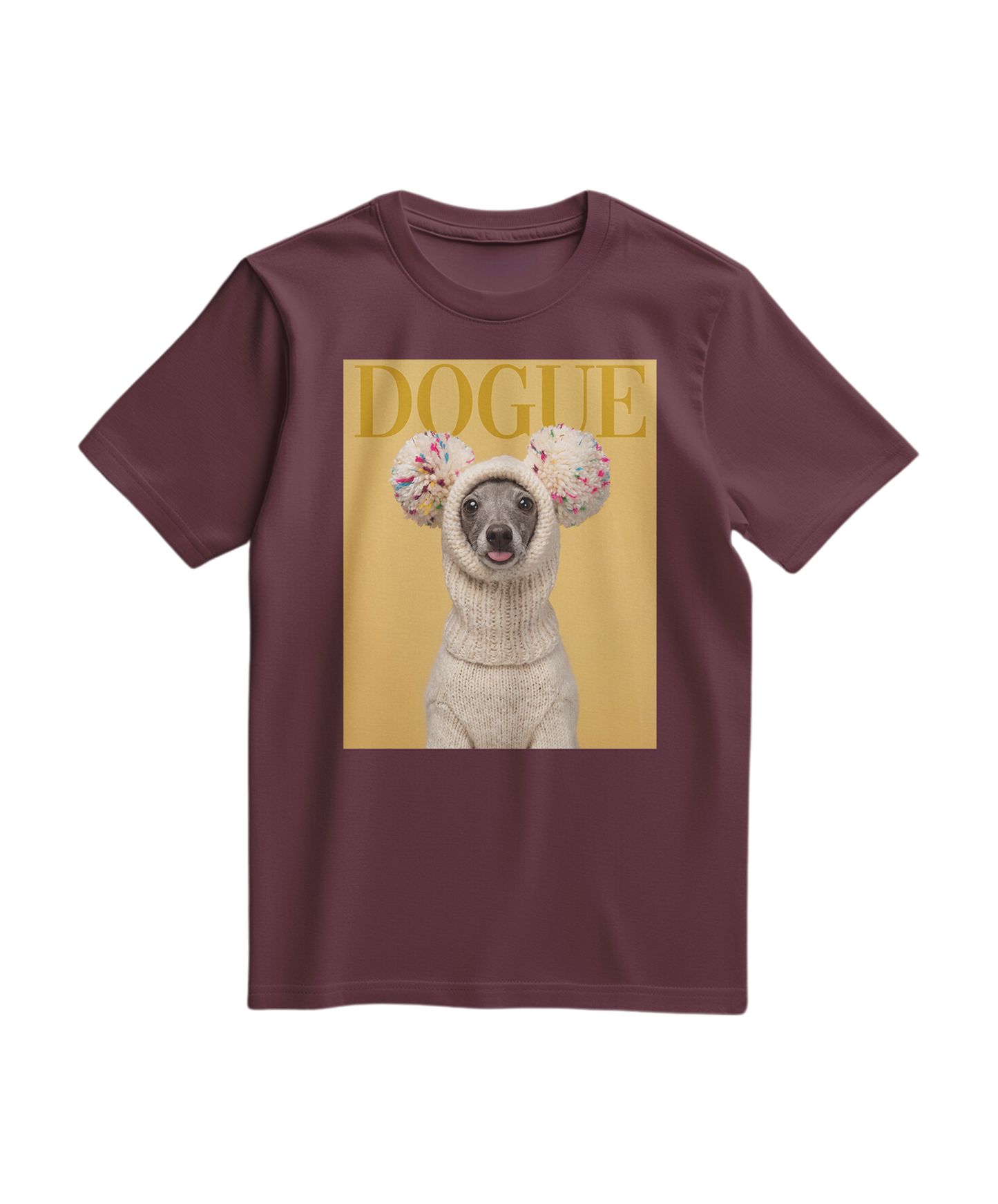 Camiseta T-shirt Dogue Balaclava da Camalestore, com estampa de cachorro e design confortável, em tom vinho.