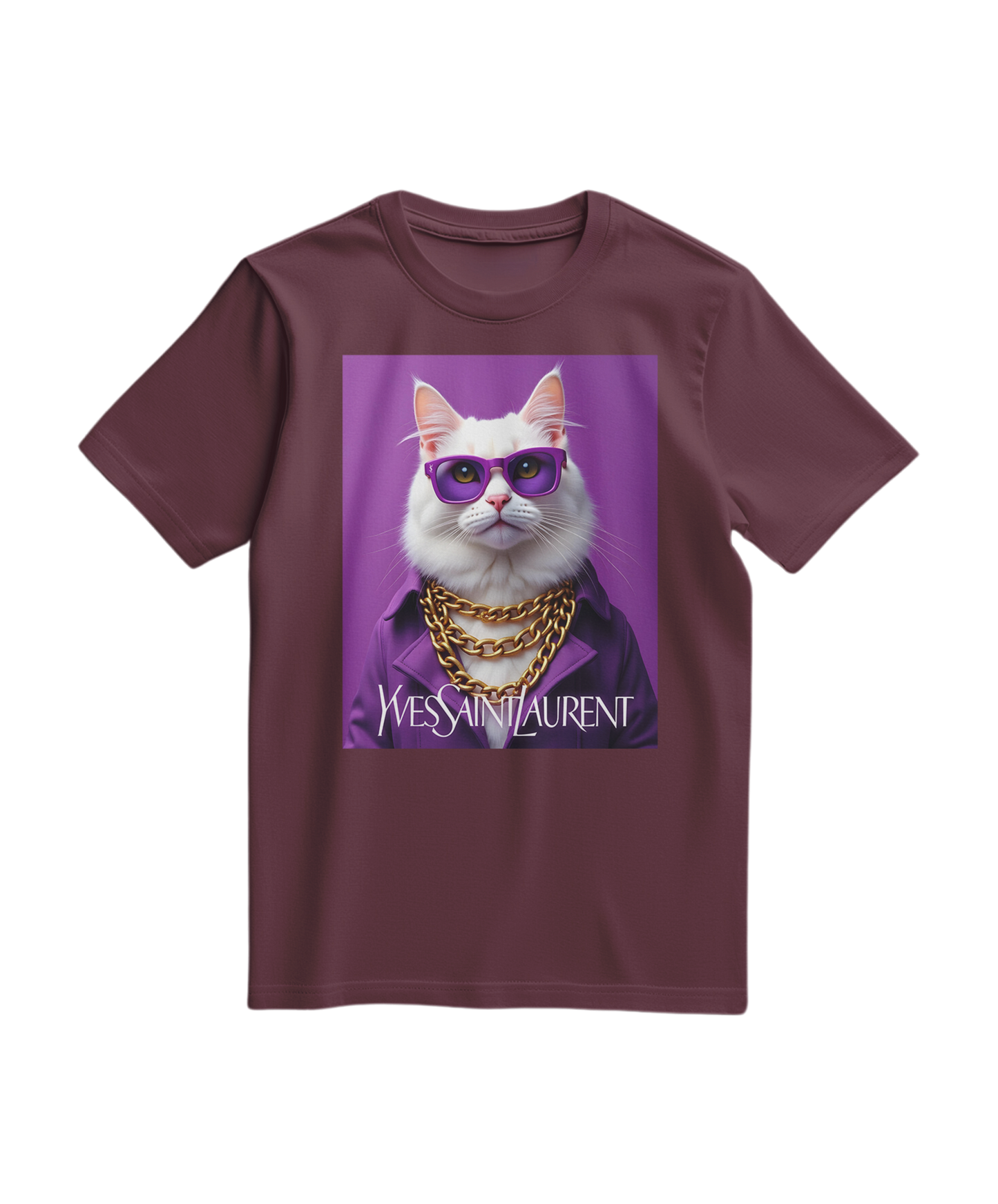Camiseta Feline Drip da Camalestore, T-shirt de algodão com estampa artística de gato em cores vinho, vista frontal.