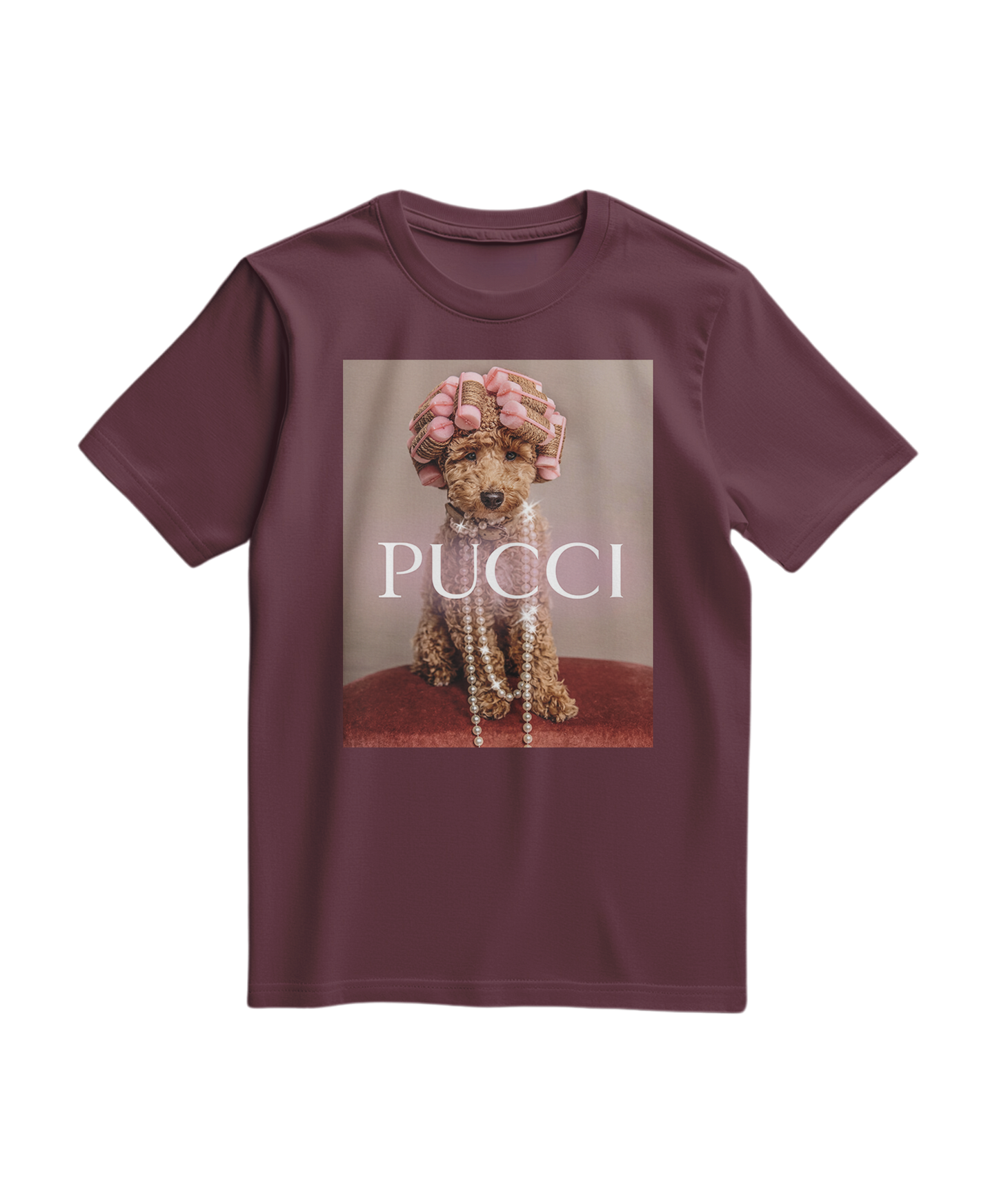 Camalestore T-shirt Poo Glam vinho, camiseta casual com estampa divertida, feita de tecido confortável.