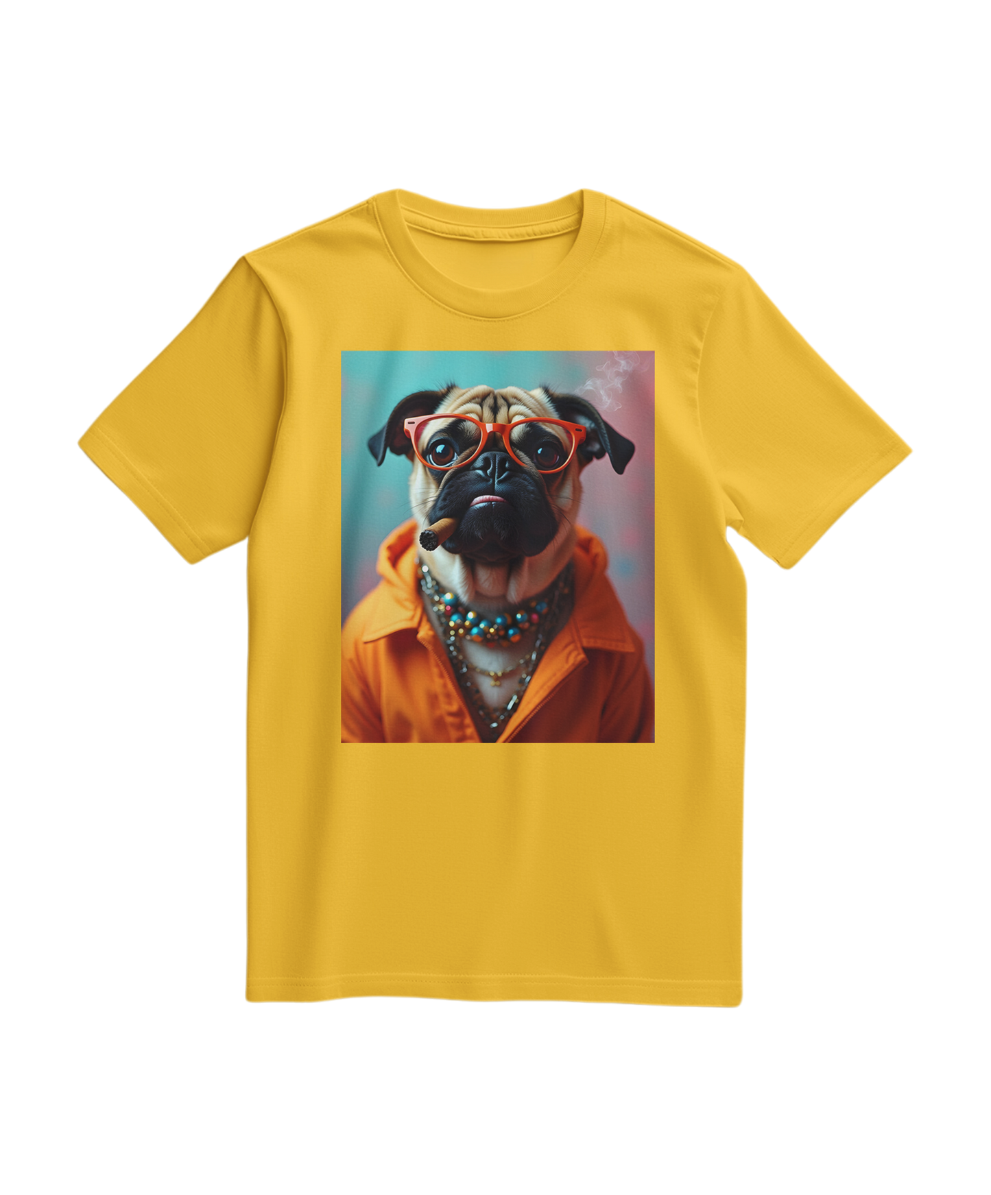 Camiseta laranja Pug Rebel da Camalestore, com estampa de pug e detalhes em preto, vista frontal em tecido leve e confortável