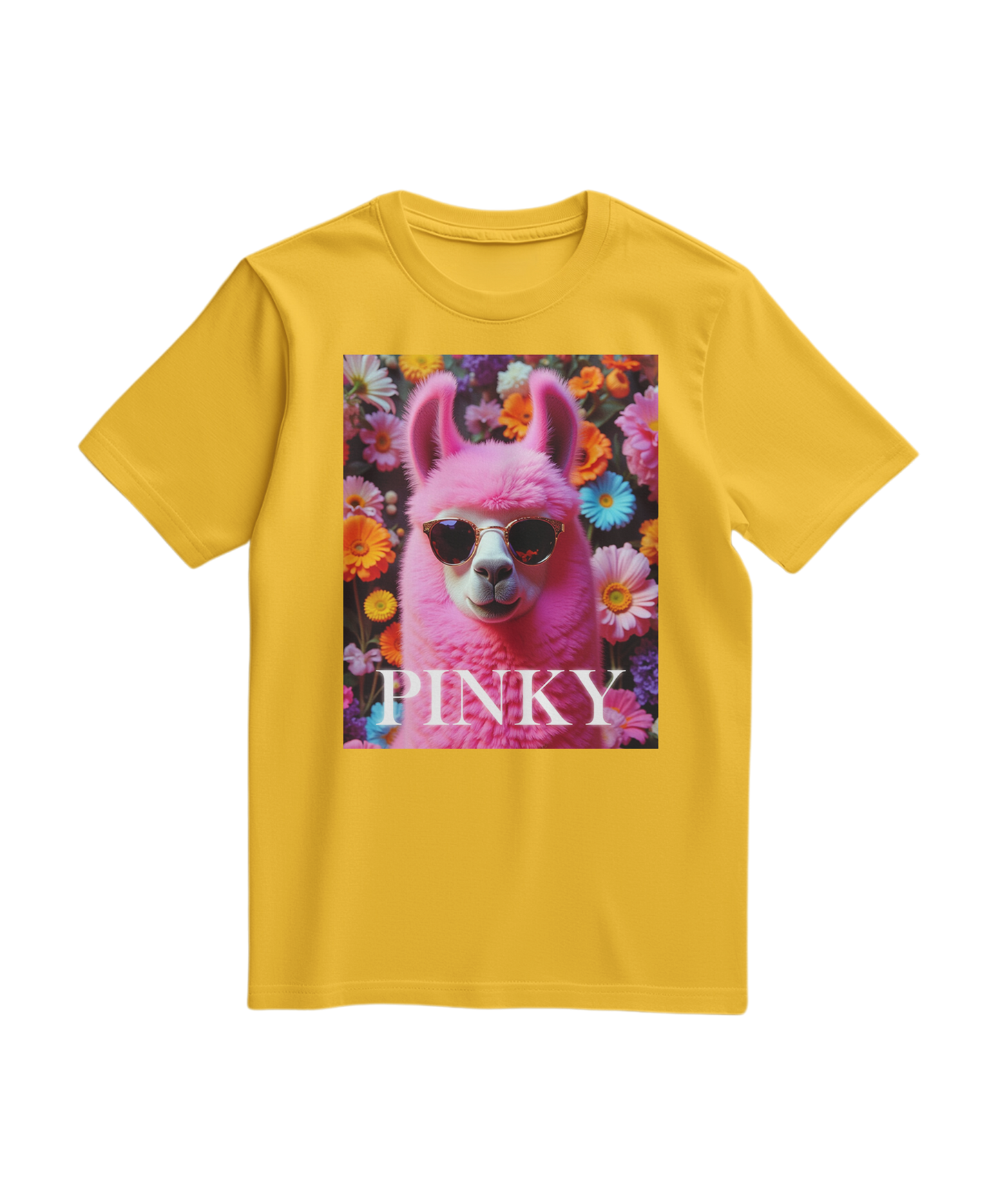 Camalestore T-shirt rosa com estampa de llama amarelo, tecido confortável e design casual, ideal para looks descontraídos.