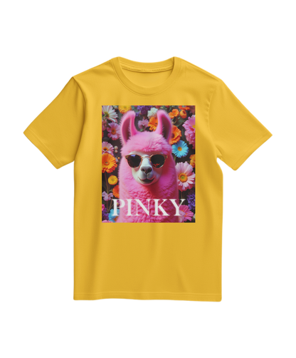 Camalestore T-shirt rosa com estampa de llama amarelo, tecido confortável e design casual, ideal para looks descontraídos.
