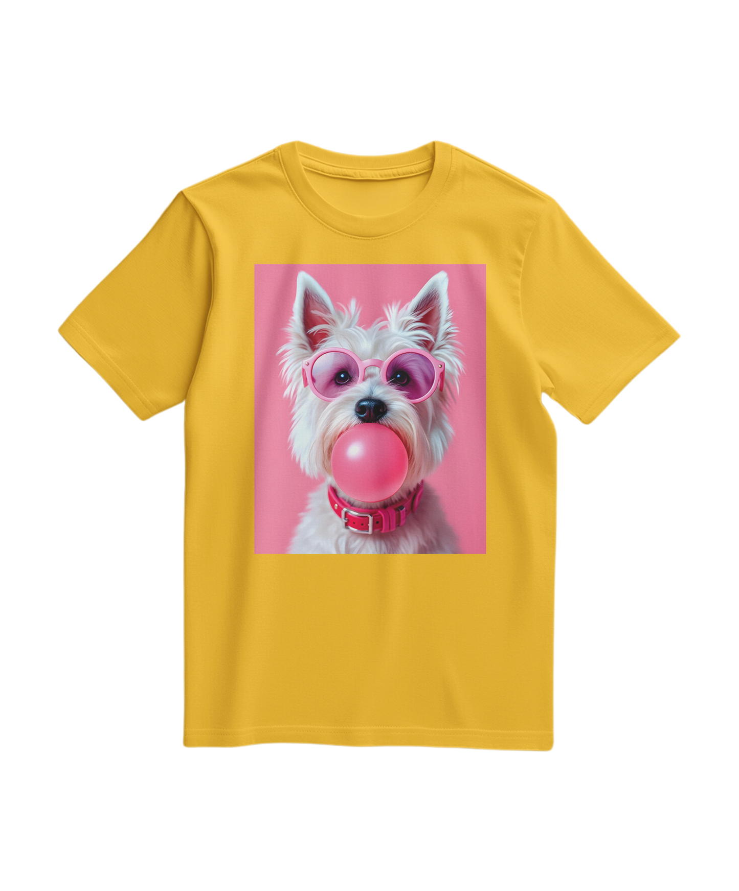 Camiseta amarelo Bubble Terrier da Camalestore, T-shirt com estampa de cachorro terrier em estilo fofo e casual