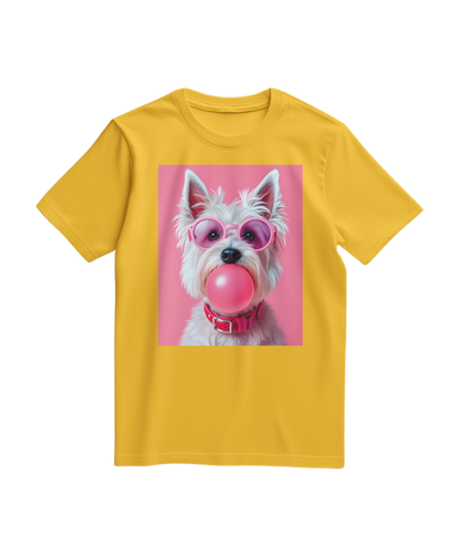 Camiseta amarelo Bubble Terrier da Camalestore, T-shirt com estampa de cachorro terrier em estilo fofo e casual