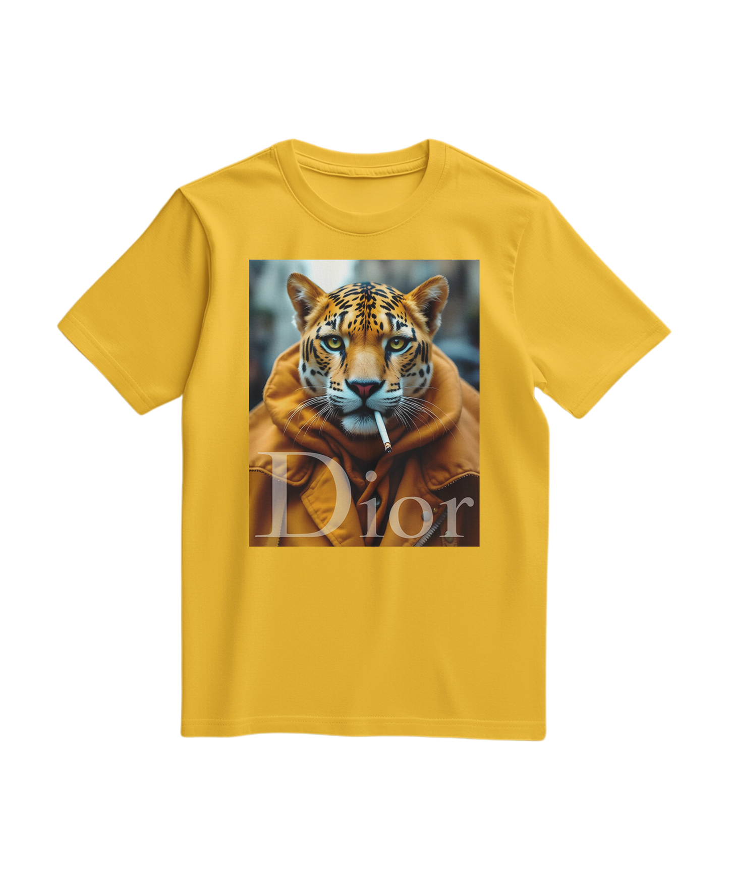 Camiseta amarelo Jaguar Raw da Camalestore com estampa de onça e design casual, vista frontal com detalhes do tecido.