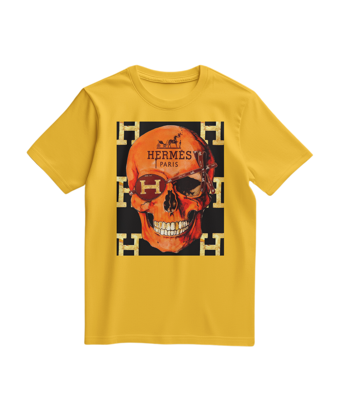 Camiseta amarela Camalestore com estampa de caveira icônica, estilo casual e confortável.