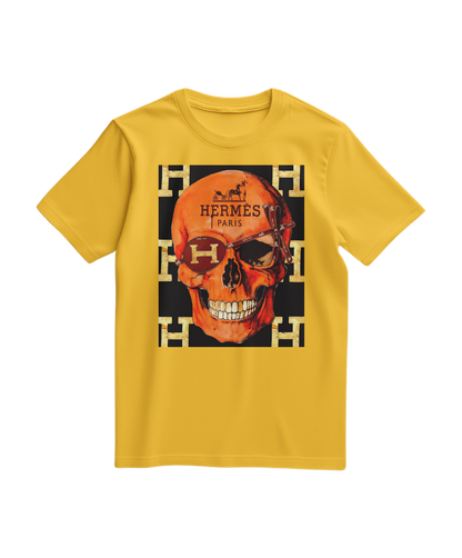 Camiseta amarela Camalestore com estampa de caveira icônica, estilo casual e confortável.